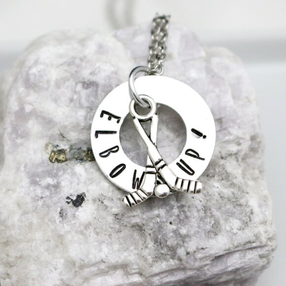 Elbows Up! Hockey Hand Stamped Pendant Necklace - Handmade & Hypoallergenic - Picture 10 of 10